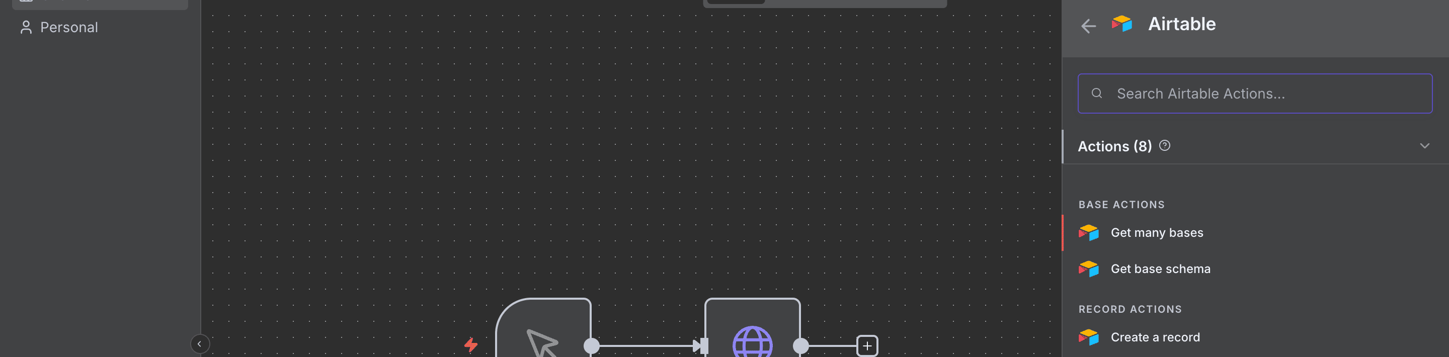 Mencari Airtable dan memilih aksi 'Create a record'.