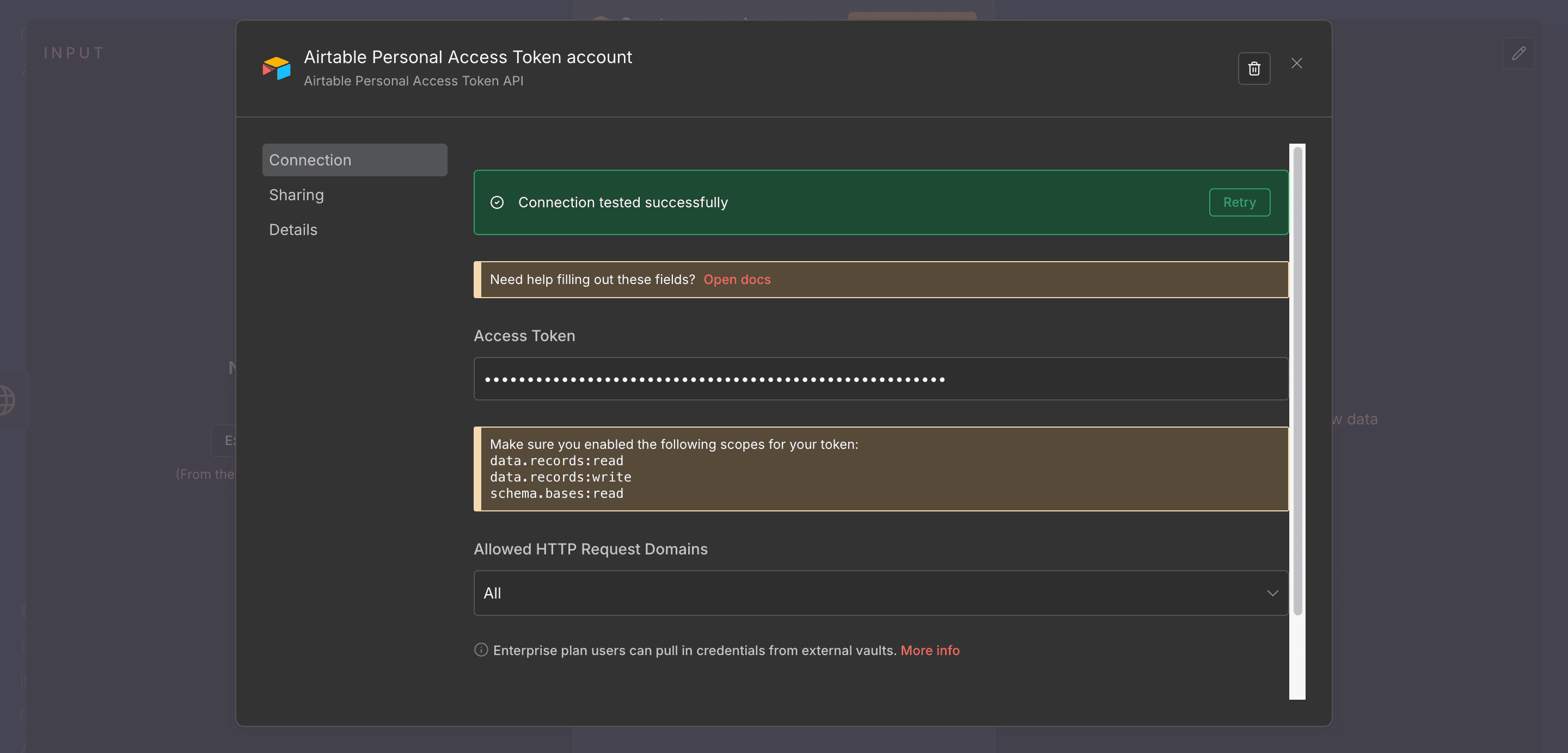 Jendela popup 'Create new credential' untuk Airtable.