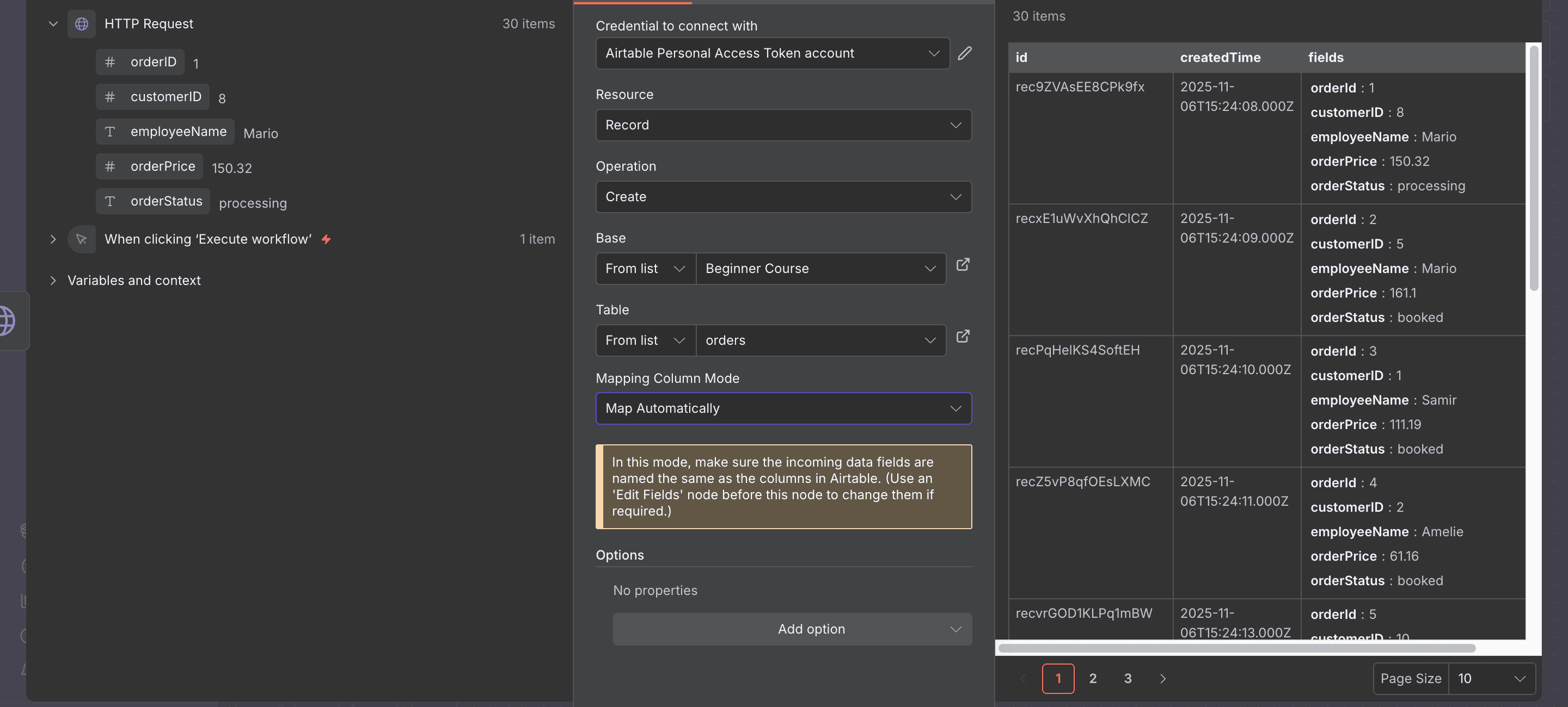 Output node Airtable di n8n, menunjukkan 30 item berhasil dibuat.