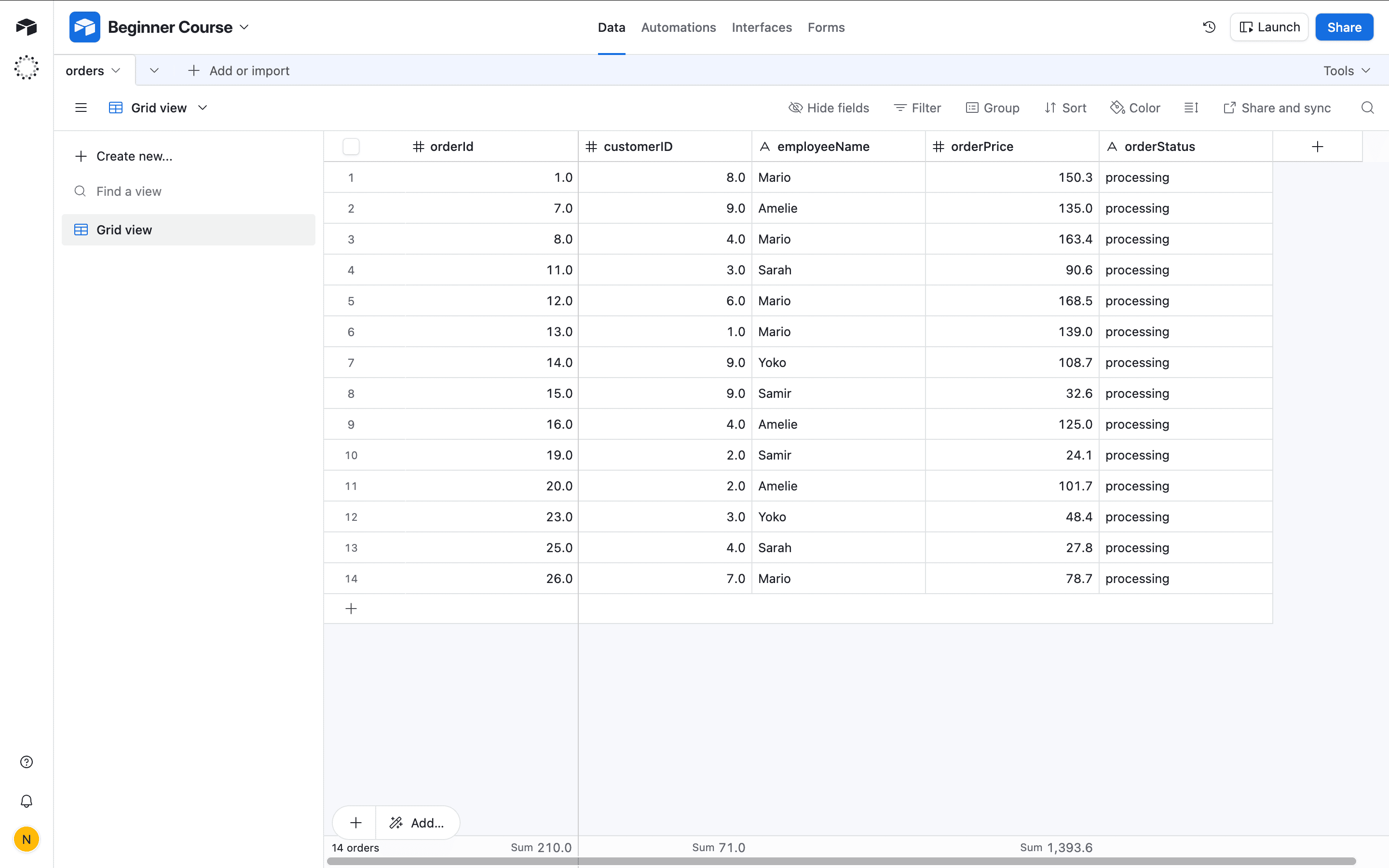 Tabel Airtable hanya berisi 14 record dengan status 'processing'.