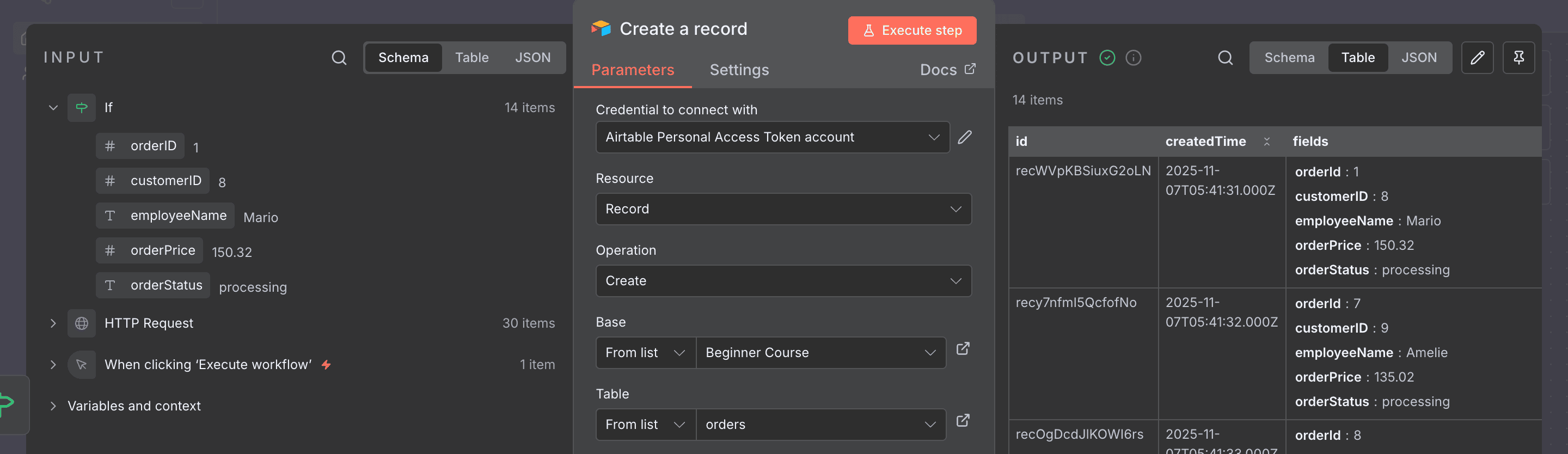 Output node Airtable di n8n, sekarang hanya menunjukkan 14 item.