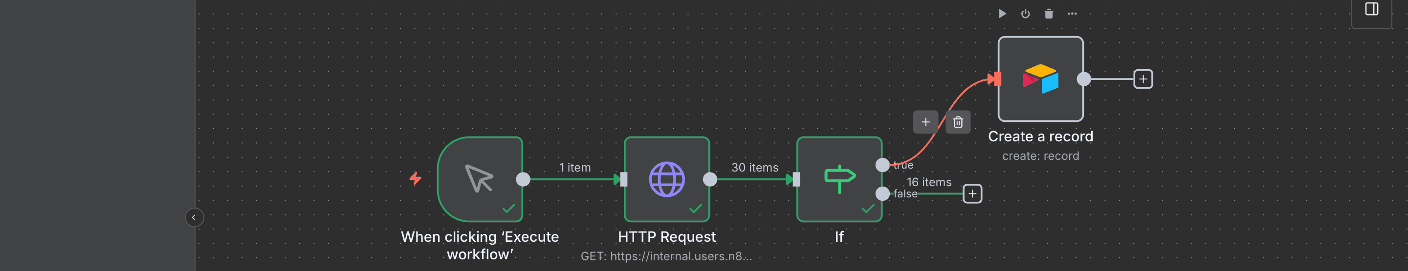Menghubungkan titik output 'true' dari IF Node ke input Airtable Node.