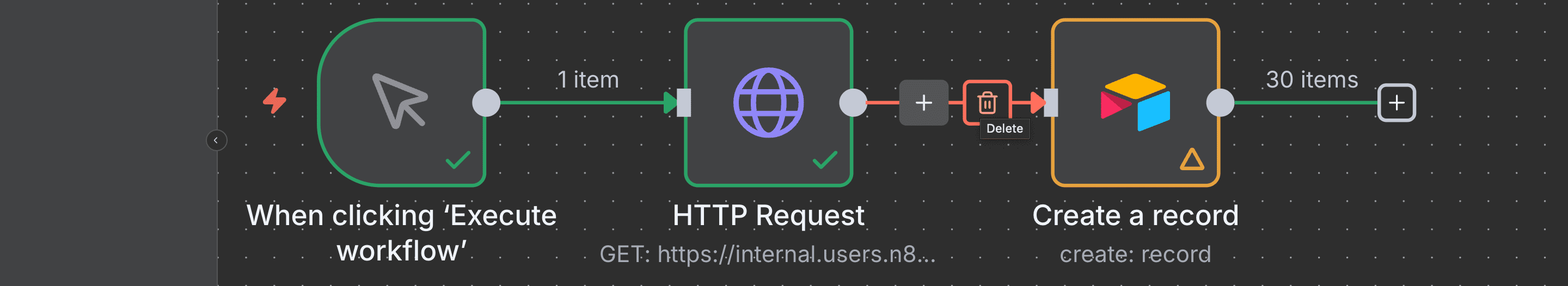 Menghapus koneksi antara node HTTP Request dan Airtable.
