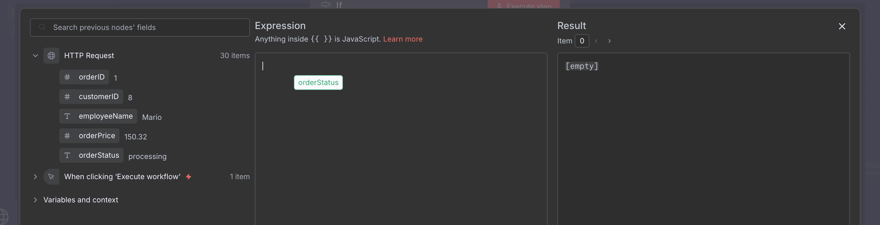 Expression Editor, menunjukkan 'orderStatus' ditarik dari panel kiri ke bidang Expression.