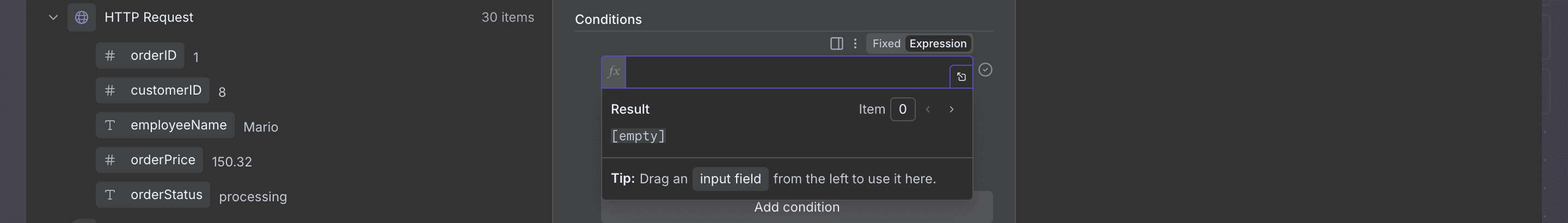 Mengklik tab 'Expression' di bidang Value 1 pada IF Node.