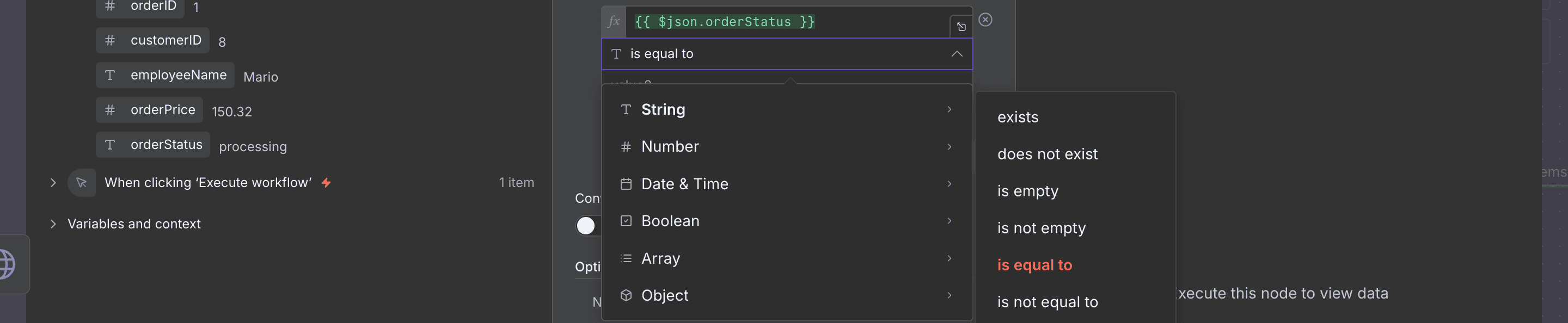 Memilih 'String' dan 'is equal to' dari dropdown Operation.