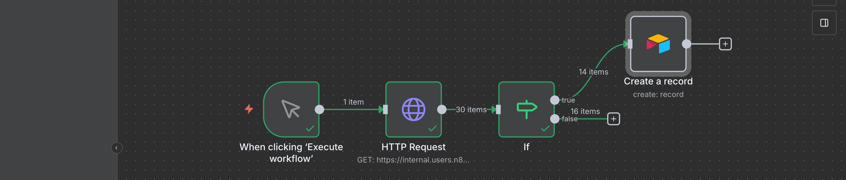 Output IF Node, menampilkan 14 item di 'True Branch'.