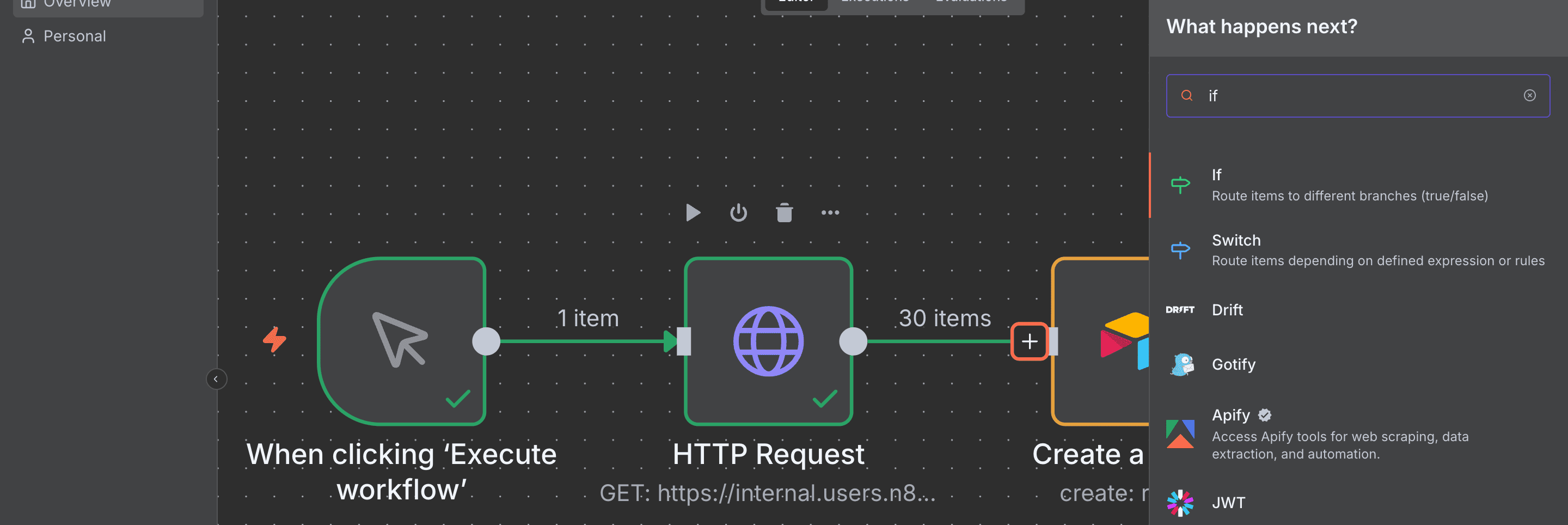 Mencari 'If' di panel pencarian node n8n.