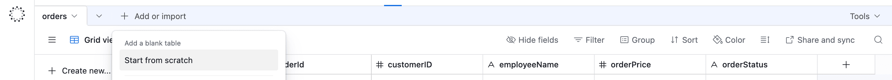 Memilih 'Start from scratch' untuk membuat tabel baru di Airtable.