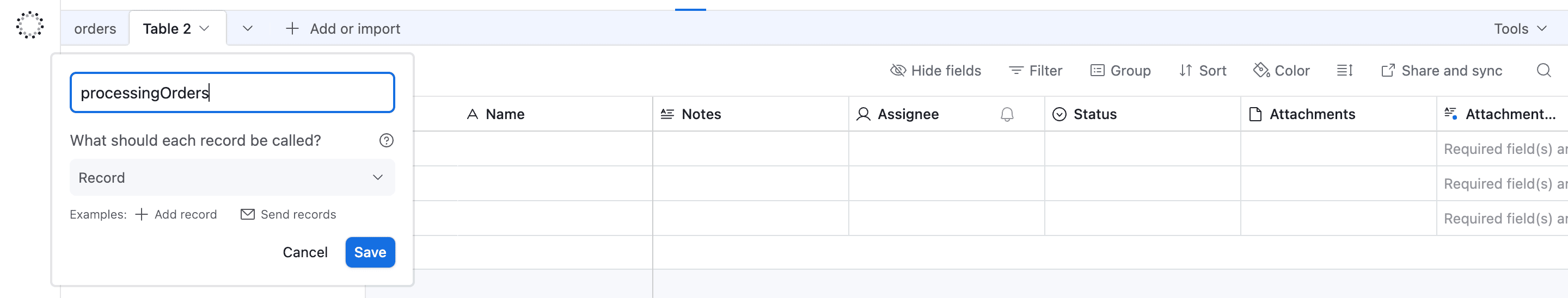Memberi nama tabel baru 'processingOrders' di Airtable.