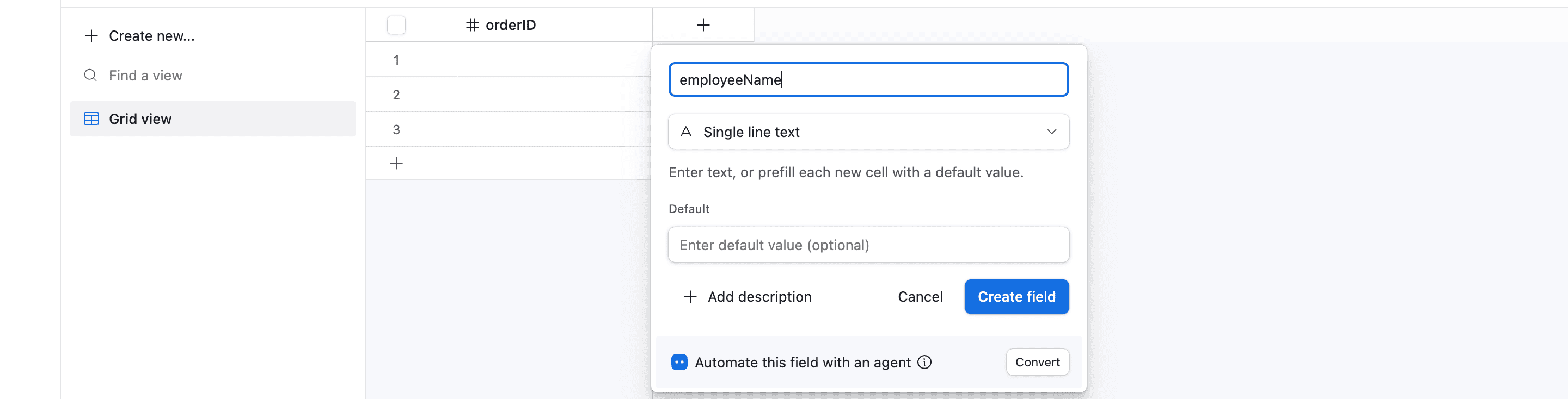 Membuat kolom baru 'employeeName' sebagai Tipe Single line text.