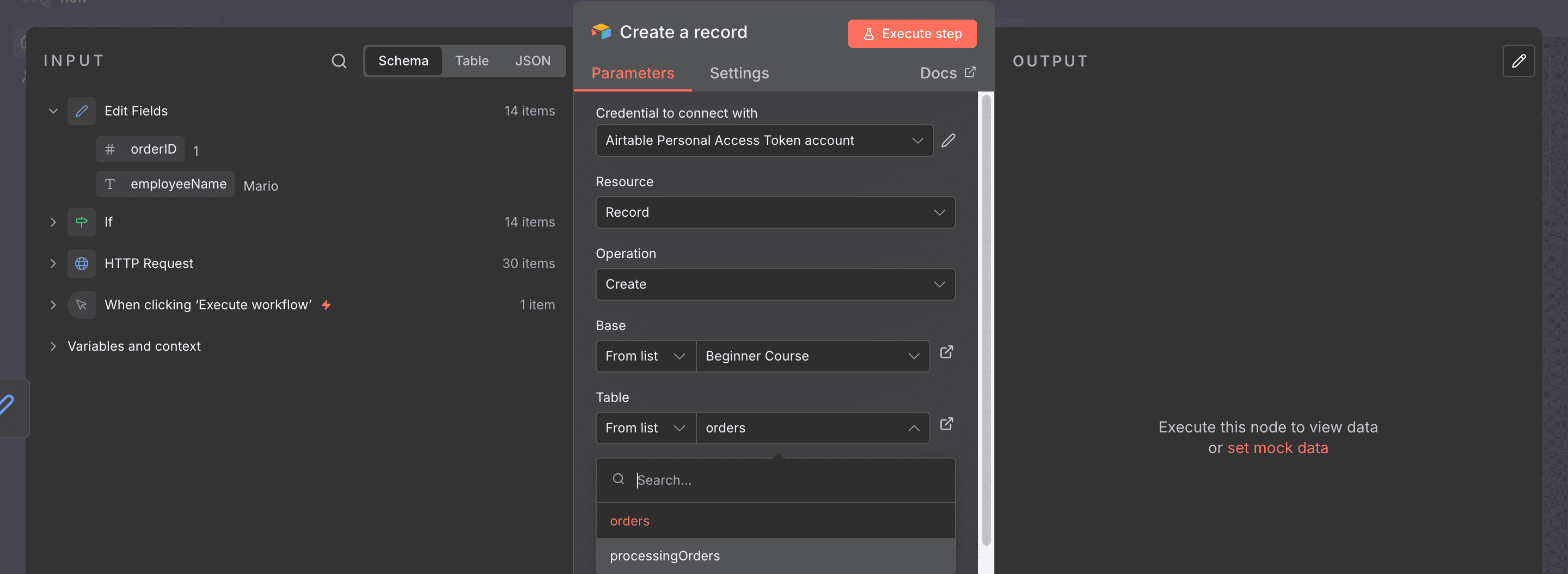 Konfigurasi node Airtable, parameter 'Table' diubah ke 'processingOrders'.