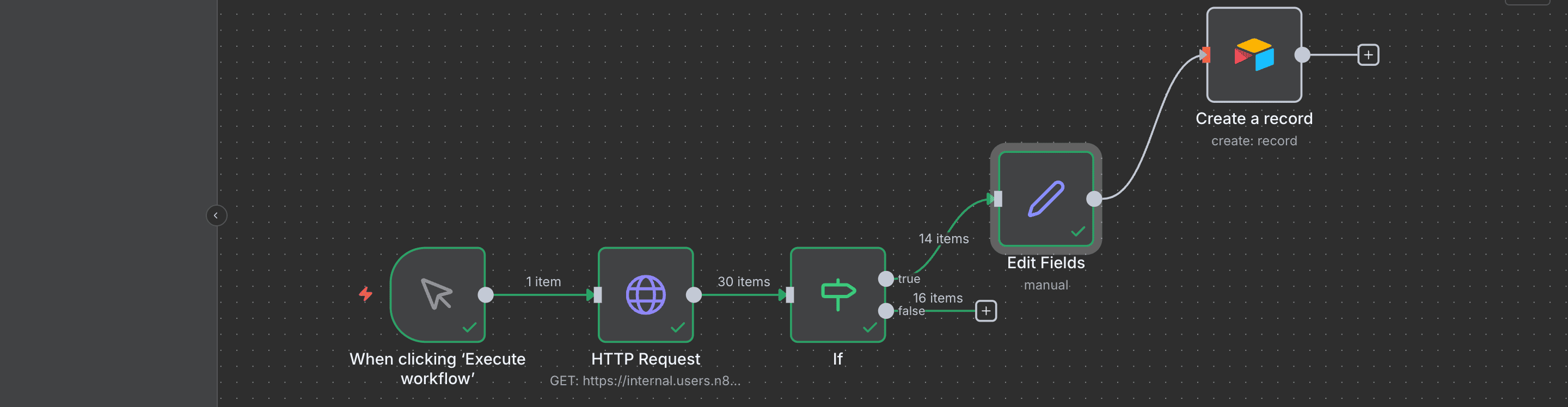 Menghubungkan output node 'Edit Fields' ke input node 'Airtable'.