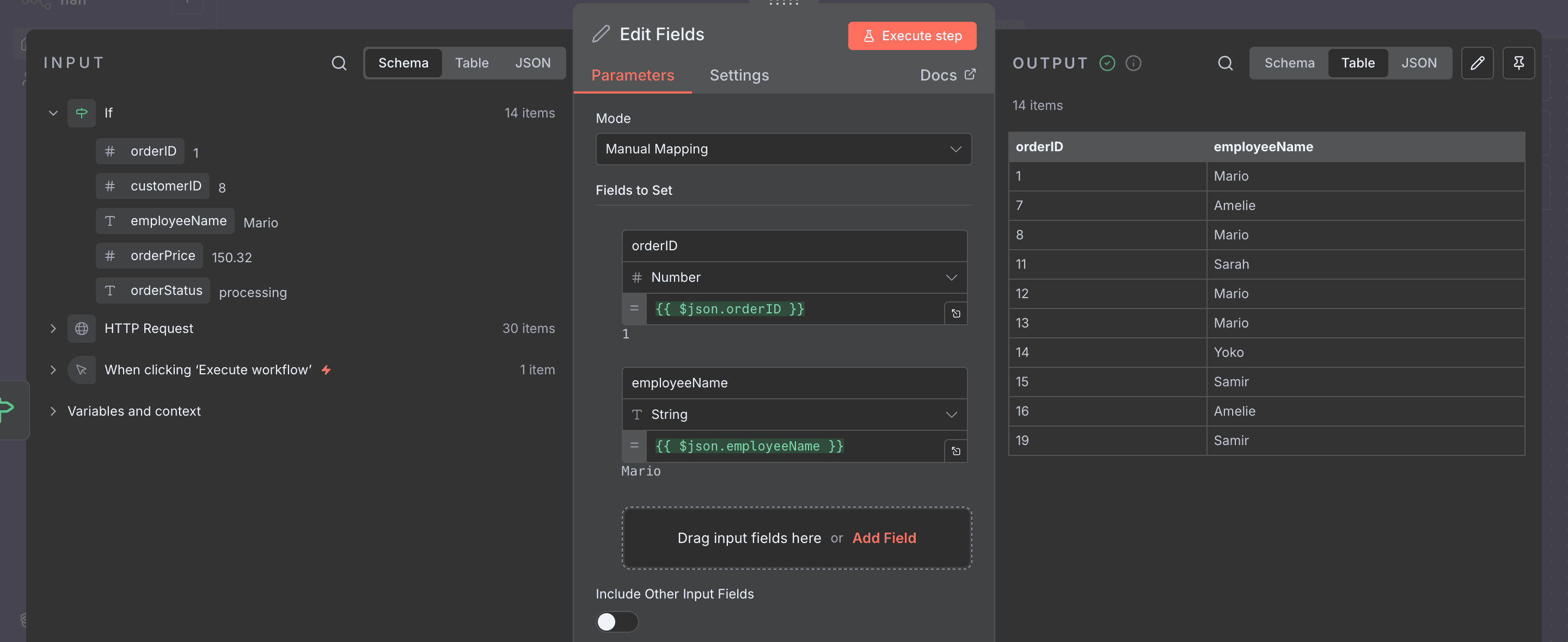 Output dari node Edit Fields, hanya menampilkan 2 kolom: orderID dan employeeName.