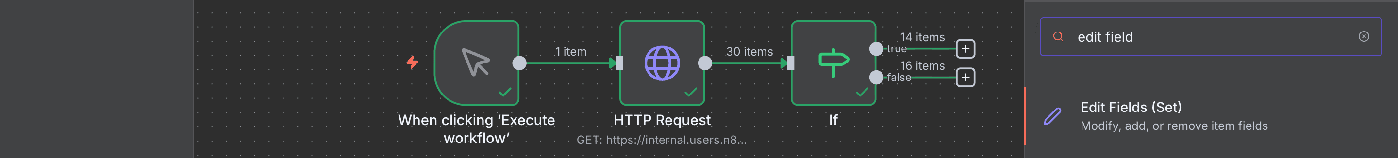 Mencari node 'Edit Fields (Set)' di panel node.