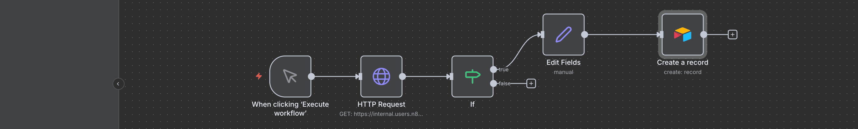 Diagram alur kerja: IF Node bercabang ke Edit Fields, lalu ke Airtable.