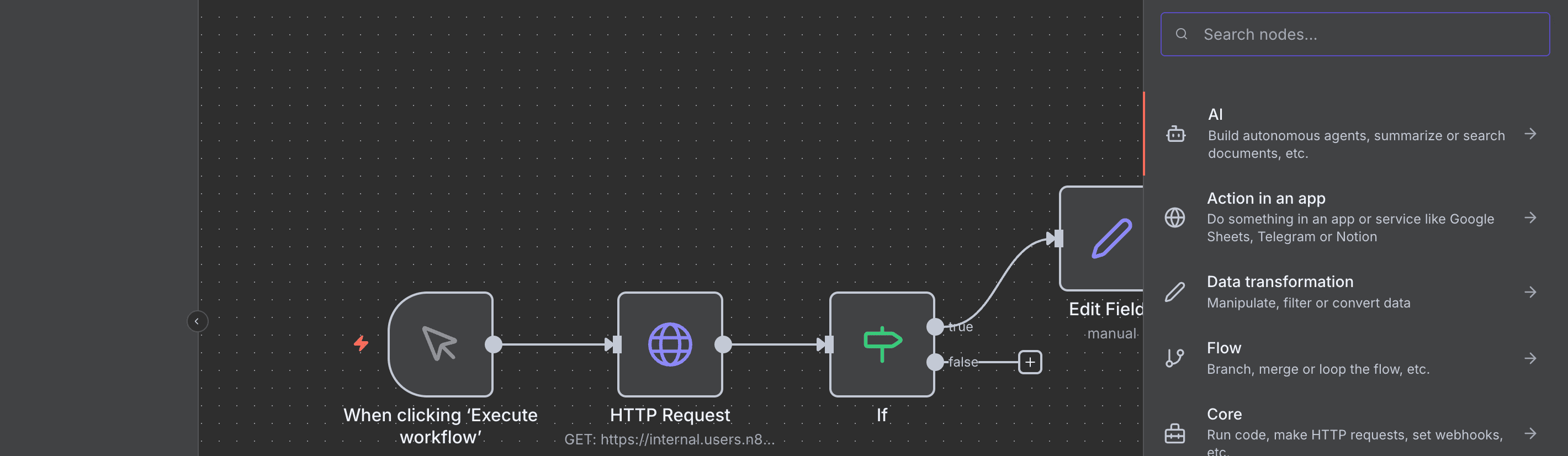 Menambahkan node baru dari output 'false' IF Node.