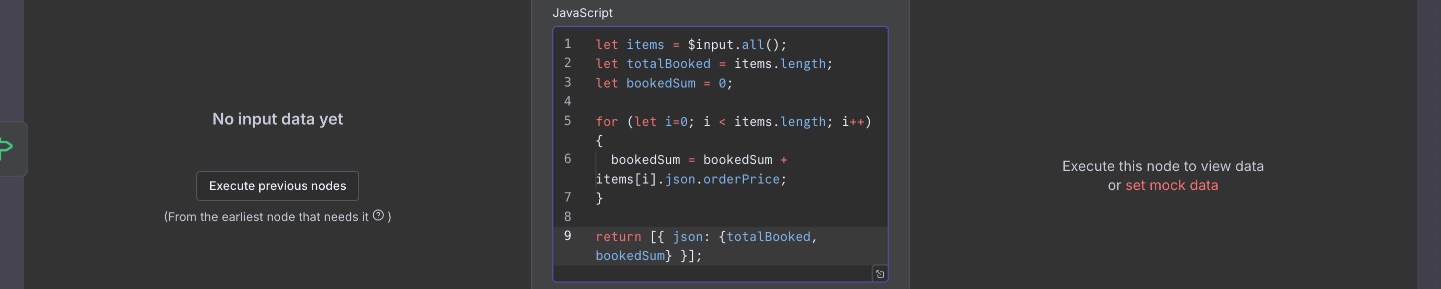 Kode JavaScript disalin ke dalam editor Code Node.