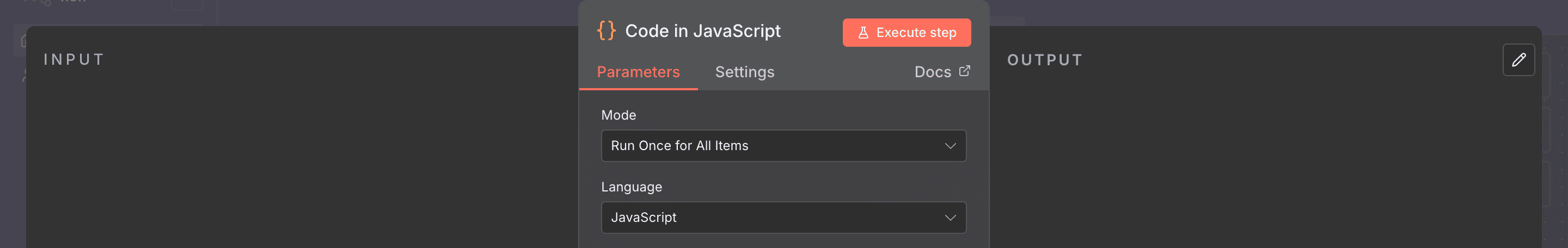 Mengonfigurasi Mode 'Run Once for All Items' dan Bahasa 'JavaScript'.