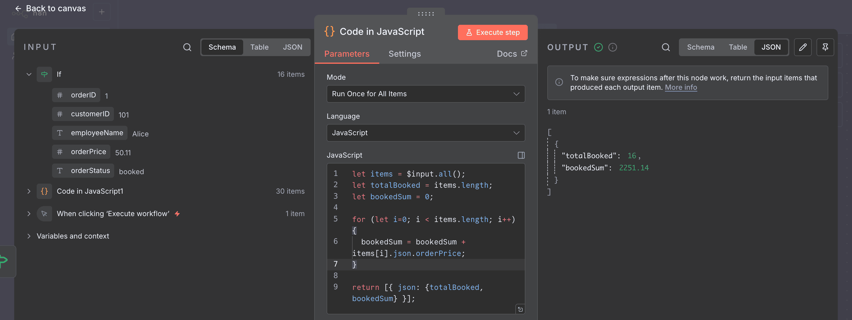 Output dari Code Node, menampilkan 1 item dengan 'totalBooked' dan 'bookedSum'.