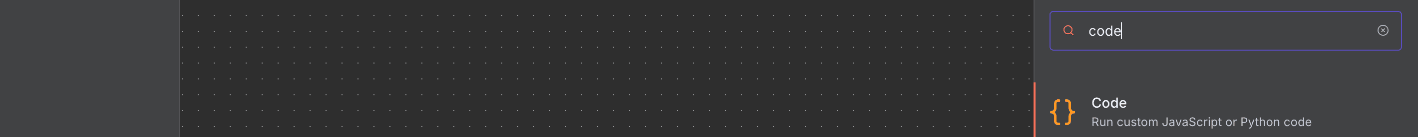 Mencari node 'Code' di panel node.