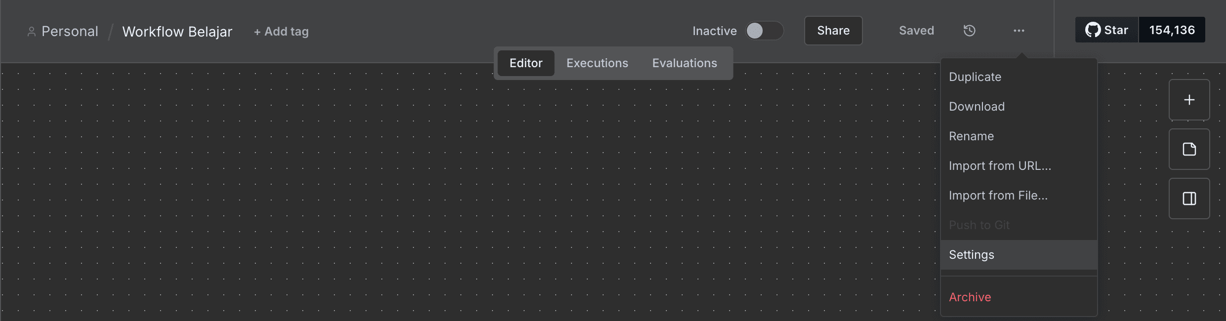 Bilah atas n8n, menampilkan nama workflow, tombol save, dan menu elipsis.